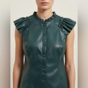 NWT Marc New York Faux Leather Ruffle Detail Green Blouse Top Size Small